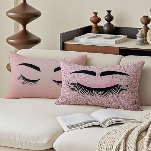 Housse coussin exterieur impermeable haut de gamme aspect lin rose - 3