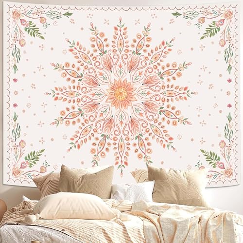 Neasow Boho Mandala Tapestry, Aesthetic Floral Wall Tapestries for Living Room Bedroom Home Decor, Bohemian Women Beige Pink Art 36×48 inches