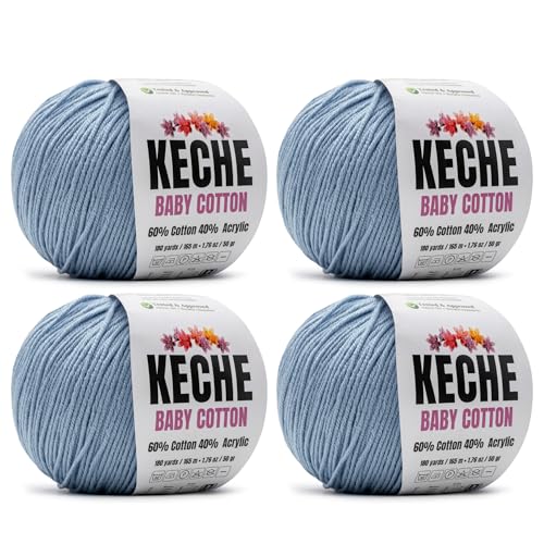 Image of Keche Baby Cotton, 60% Cotton 40% Acrylic Yarn, Soft Cotton Yarn for Crochet and Knitting, Amigurumi Yarn 4 Skeins /Balls [1.76 Oz (50g) / 180 Yrds (165m)] x 4 - Light Blue