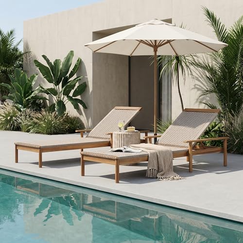 Christopher Knight Home Sasha Acacia Wood Chaise Lounge Chair Outdoor Set of 2, Poolside Sun Lounger Recliner with Woven Rope Seat, Patio Outdoor Chaise Lounge with Armrest, Teak+Beige