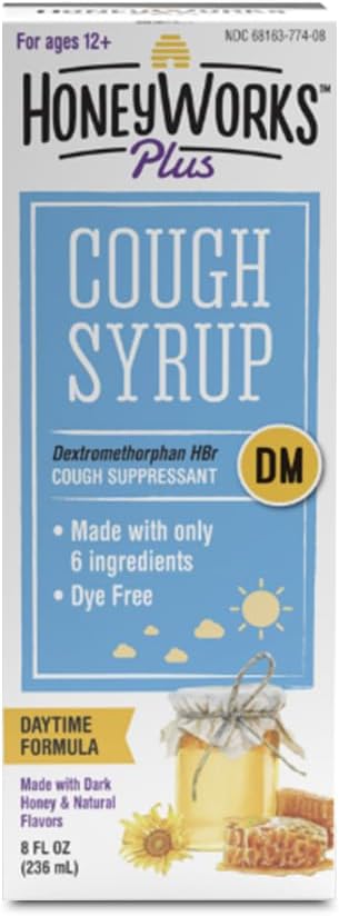 HoneyWorks Plus Cough Syrup with Organic Honey and DM, 8 Oz, Daytime Cough Suppressant for Adults & Kids 12+ Years, Helps Soothe Throat Irritation