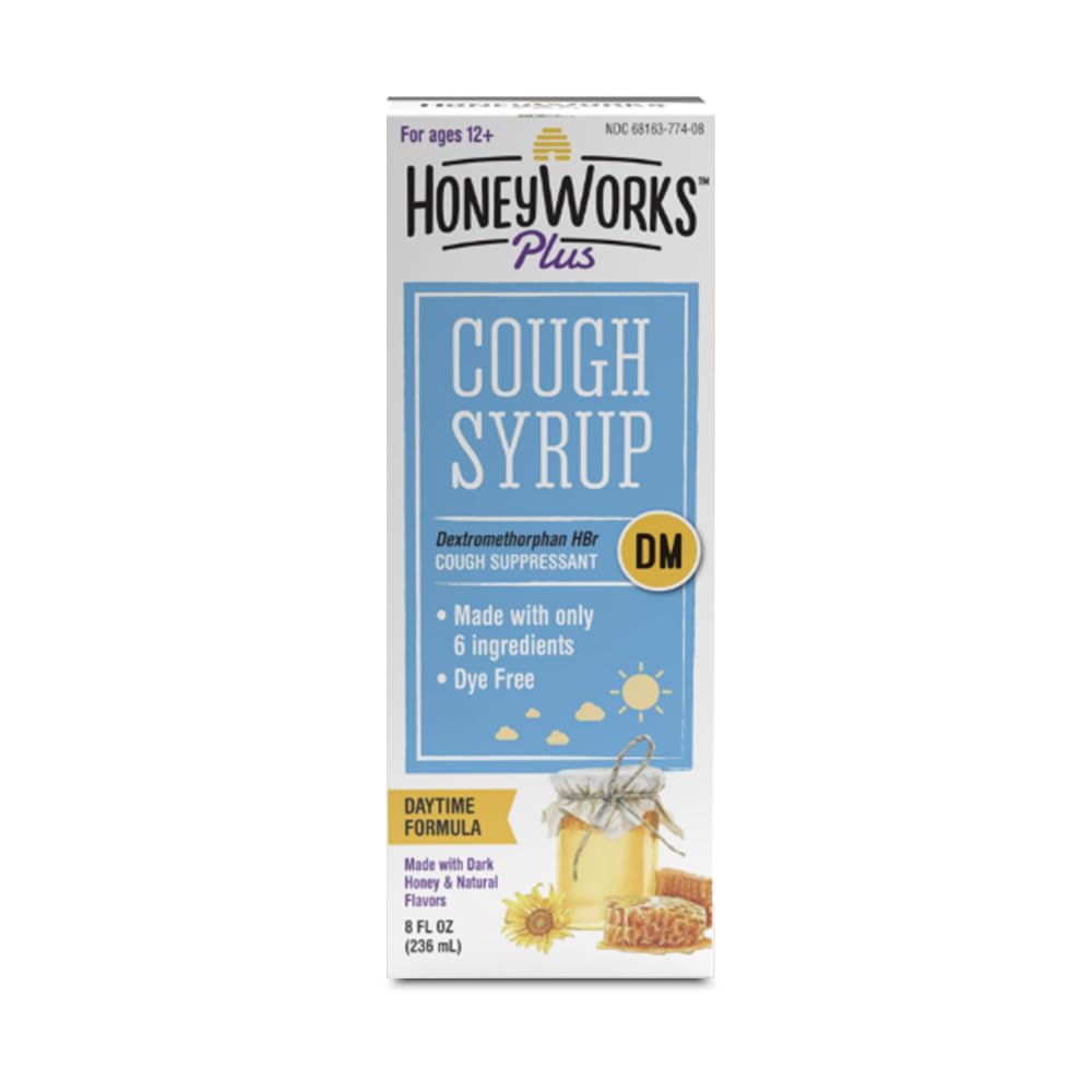 HoneyWorks Plus Cough Syrup with Organic Honey and DM, 8 Oz, Daytime Cough Suppressant for Adults & Kids 12+ Years, Helps Soothe Throat Irritation