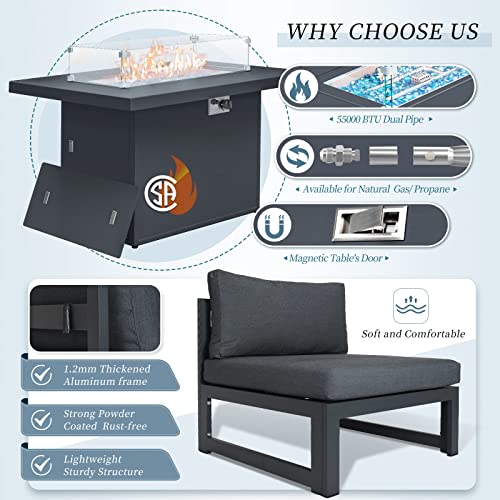 Nicesoul® 7 Pieces Aluminum Patio Furniture Set With Fire Pit Table 43" Propane Gas Convertable Csa Approved Outdoor Luxury Conversation Sofa Set With Firepit Grey Color For Poolside #TOP2