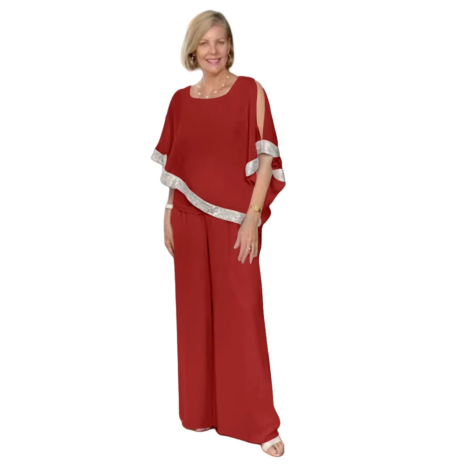 Sequins Patchwork Slit Bat Sleeve Long Pants Suits Women 2 Piece Elegant Dresses for Wedding Guest Sequins Chiffon