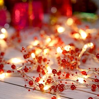 LED Pearl Berry Beaded Garland String Light 13 ft 40 Bead Light for Indoor Outdoor Festive Birthday Party Wedding DIY Home Mantel Decoration 2 Flicker Modes (Red)