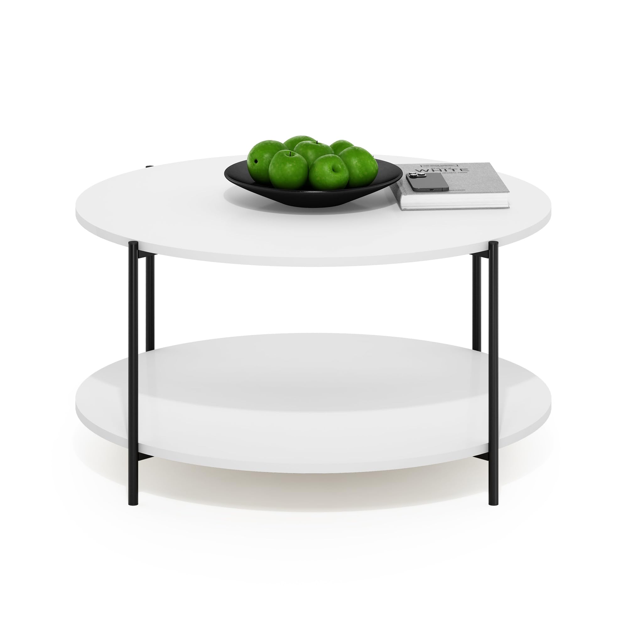 Furinno BESI Coffee Table, 2-Tier Round Coffee Table with Storage, Shelf and Metal Legs, for Living Room, Plain White