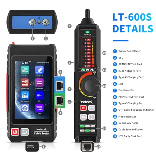 Image of Multifunction Network Caber Tester,UTP Ethernet Cable Tester,Cable Tracer,4 inch IPS Touch Screen Network Tester Support VFL,OPM,POE++ Detect,RJ45 TDR,Length,FTP,Network Tools IP /LLDP /CDP /PPPOE /Tracer