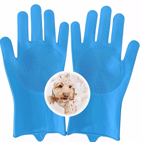 Image of Pet Grooming Gloves for Dogs and Cats,Heat Resistant Silicone Gloves with High-Density Teeth, Enhanced 5-Finger Design for Bathing and Massage Dogs and Cats,Blue