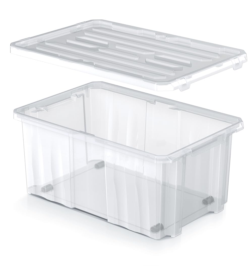 Set di 10 Scatole Contenitori Trasparenti con Coperchio Cargobox 60x40x26,5 cm 16 Litri Impilabili in Plastica Resistente