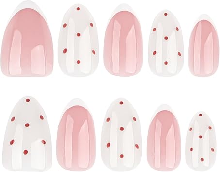 24 PCS White French Tip Press on Nails Polka Dots False Nails Glossy Almond Short Fake Nail Full Cover Stick on Nail for Women