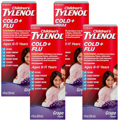 Image of Tylenol Children's Cold & Flu Liquid Oral Suspension Kids' Cold & Flu Medicine, Pain Reliever, Fever Reducer, Cough Suppressant & Decongestant, Grape Flavor, 4 fl. oz (Pack of 4)