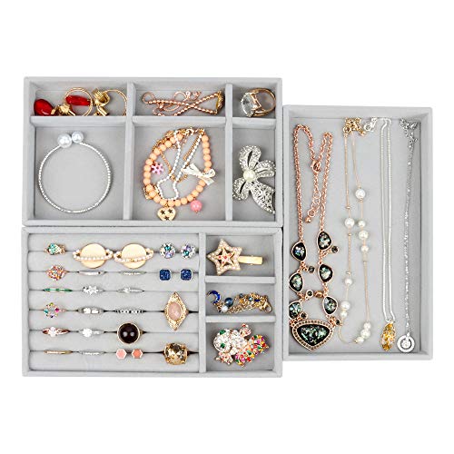 3PCS Gray Velvet Jewelry Storage Trays Jewelry Box Earring Ring Holder Jewelry Display Necklaces Showcase for table, drawer