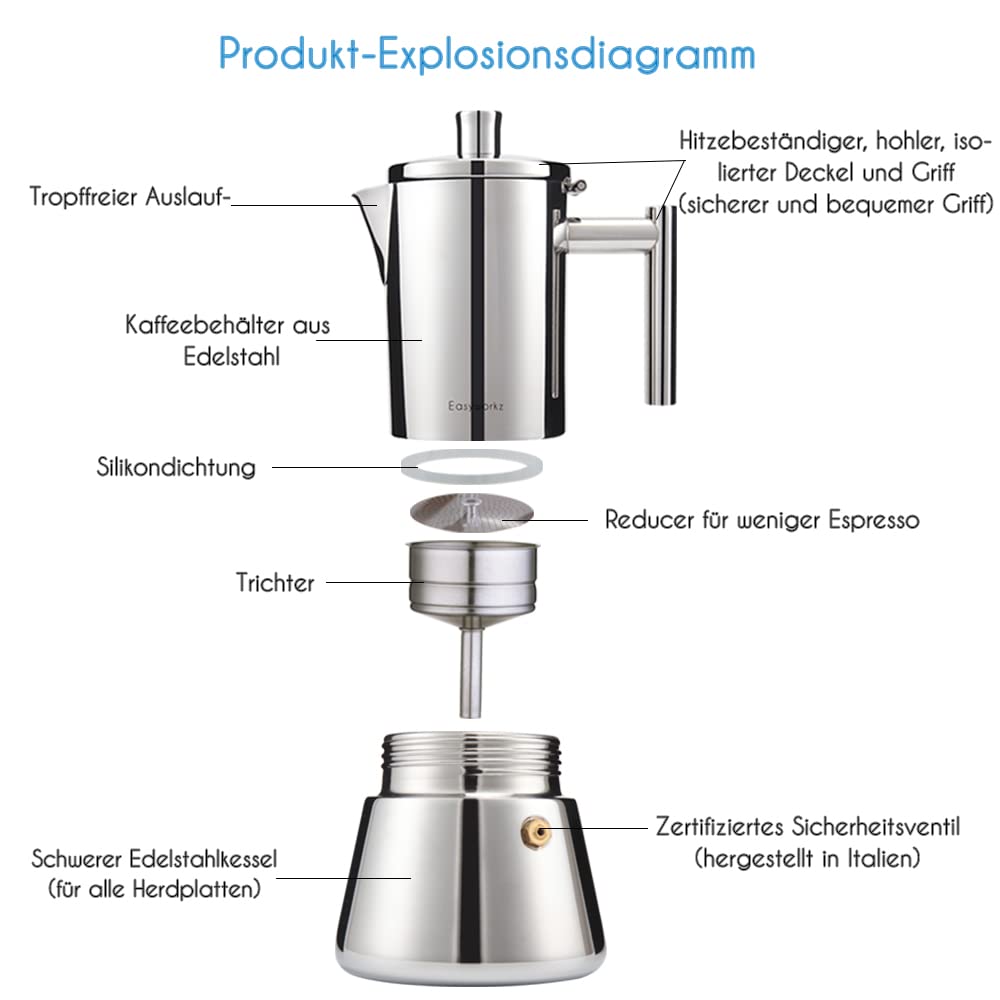 Easyworkz Diego Espressokocher für Herd, Edelstahl, italienische Kaffeemaschine, Mokkakanne für 6Tassen, 300 ml Espressokanne für Induktion