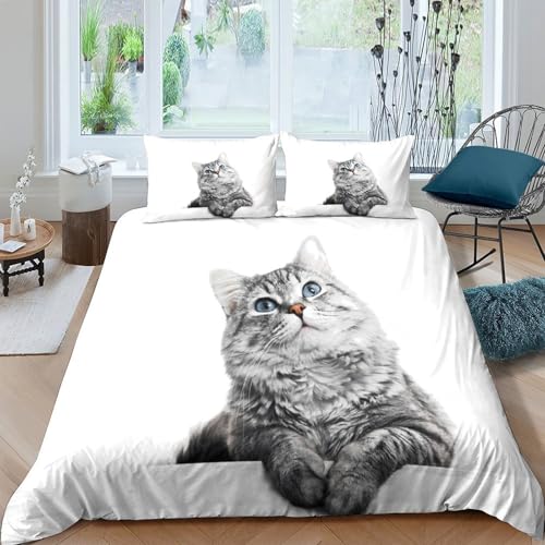 Housse de Couette Chat Gris 3D 140x200 microfibre avec taie d'oreiller