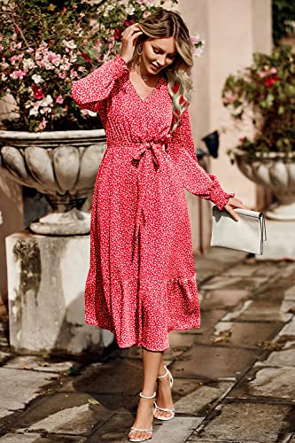Image of PRETTYGARDEN Women's Floral Boho Dress Fall Long Sleeve Wrap V Neck Ruffle Flowy Maxi Spring Wedding Guest Vacation Dresses