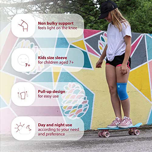 Image of KARM Kids Knee Brace Sleeve - Youth Knee Compression Sleeve for Kids, Child - Support for Pain, Sports, Football, Basketball, Gymnastics, Recovery, Boys & Girls (Blue) (Pack of 2)