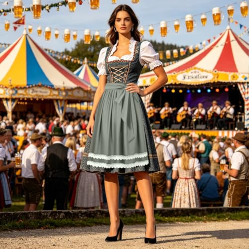 Vestido tradicional tirolés de tafetán cómodo con delantal de verano ajustable 7