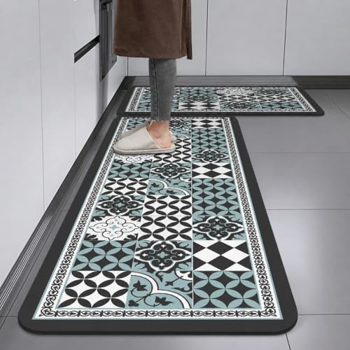 Image of HomeCloud Rubber Kitchen Mats for Floor Set of 2 Pcs|Non-Skid, Soft Absorbent Rugs for Kitchen, Laundry, and Hallway|120x40cm, 40x60cm| 4mm Thickness (Moroccan Blue)
