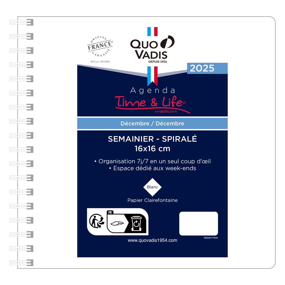 QUOVADIS Weekly Diary Refill – Square 6.3x6.3 Inch, Vertical Layout, Starts December 2024, Ivory Paper