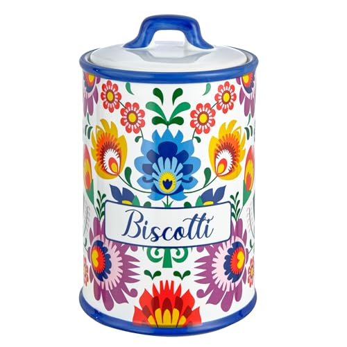 Baroni Home Pot à Biscuits en Céramique Décoré, Pot de Rangement de Cuisine avec Couvercle Hermétique pour Sauver l’Arôme, Porte Cookies en Poudre de...