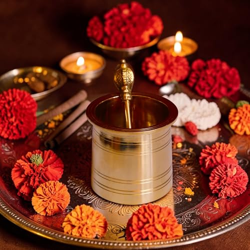 Image of Brass Heavy Embossed Panchapatra Udharini Set Snake Head Design Udarini | Pooja Accessory for Home, Office Temple | Pooja Glass and Spoon for Charnamrit | Height : 2.5 Inch | Weight : 190 gm