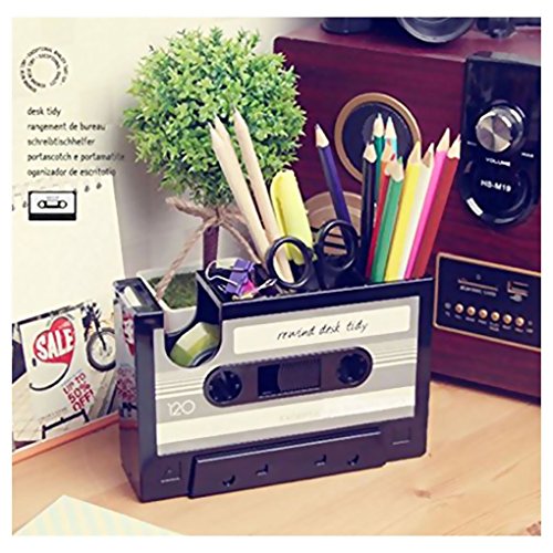 Cisixin Desk Tidy Retro Cassette Tape Dispenser Pencil Holder Pen Container Organize Your Desk Office Suppliers Student Stationary Great (Color Random) image 1