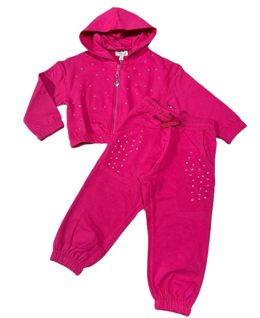 Yours tuta 2 pezzi da bambina, felpa con zip e cappuccio + pantalone, tuta lilla e fuxia over con polsini e strass