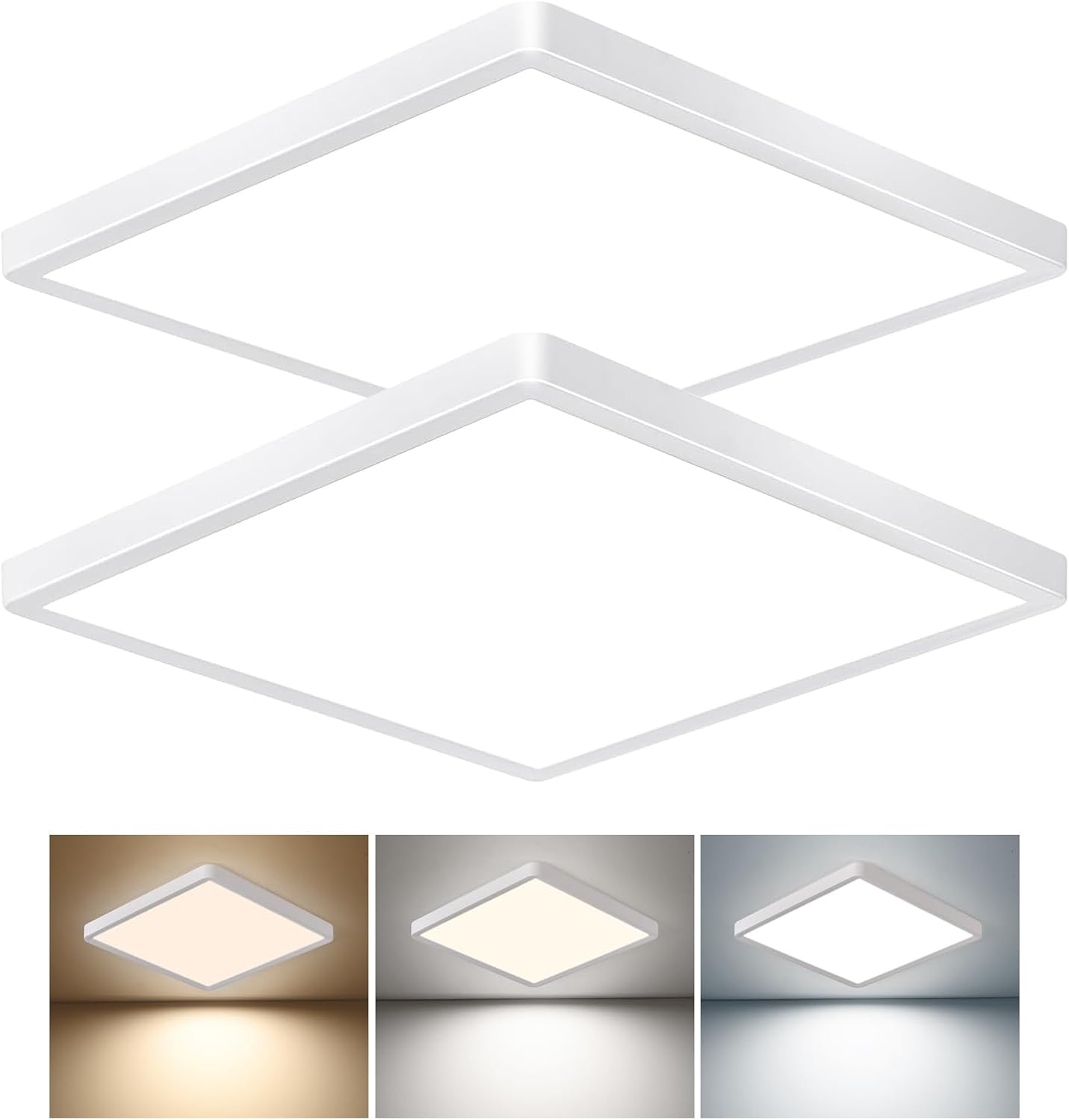 16 Inch Square LED Flush Mount Ceiling Light 2 Pack, 40W 4000LM, 3000K/4000K/6000K CCT Selectable, White Super Slim Low Profile Ceiling Light Firxtue for Bedroom/Kitchen/Living room/Dinning room White 16" 2PK