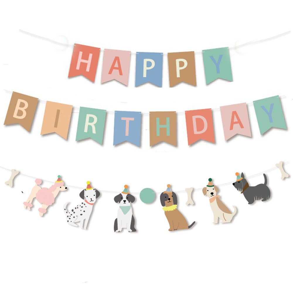 FULL WIN SHOP Dog Theme Happy Birthday Banner with Cute Dog Banner, Bday Party Pennant Decor, Dog Party Decorations First Birthday Party Supplies Puppy Birthday Banner