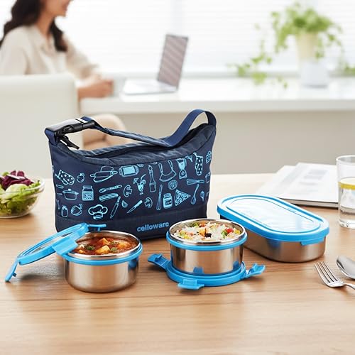 Image of CELLO MF Blaze Stainless Steel Lunch Box for Office Use Blue | 300ml x 2 Round Containers, 1 x 500ml Oval Containers, Lightweight Easy to Carry Leak Proof Airtight Tiffin Box for Travel and Daily Use