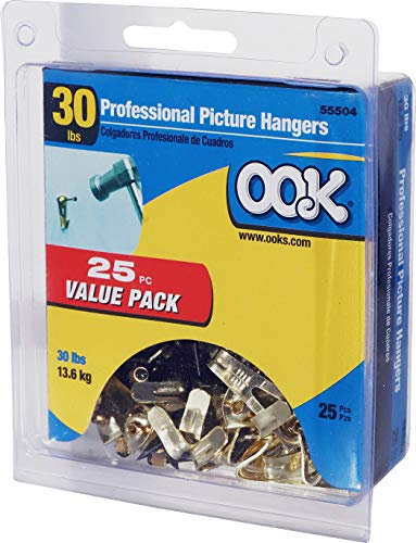 Image of OOK Professional Picture Hangers, 30lb Capacity, 25 Pack, Brass Finish | Steel with padded back, Suitable for wood, drywall, and plaster, Small pin hole causes minimal damage when hanging framed art