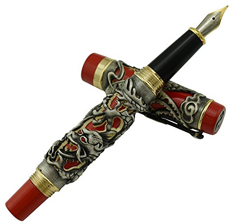 Lanxivi® Jinhao Dragon Phoenix Embossment Fountain Pen Gray Embossment Red Background With Pen Pouch #TOP4