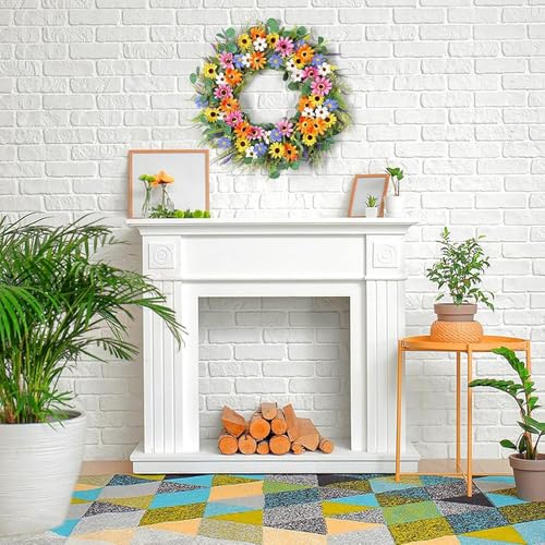 Couronne artificielle de 22 pouces avec fleurs colorées et feuilles d'eucalyptus pour porte - 3