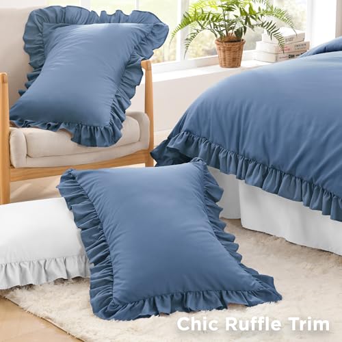 Image of Litanika Ocean Blue Full Size Comforter Sets, 3 Pieces Ruffle Farmhouse Aesthetic Bedding Comforter Sets, All Season Soft Lightweight Fluffy Microfiber Bed Set(79x90In Comforter, 2 Pillowcases)