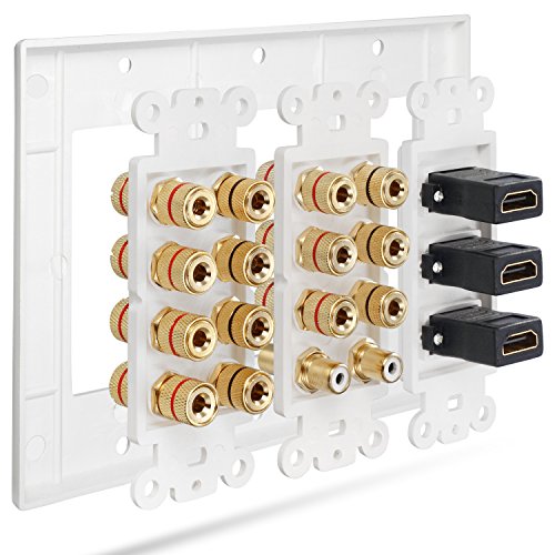 3 Gang Wall Plate, Fosmon (3-Gang 7.2 Surround Sound Distribution) Home Theater Copper Banana Binding Post Coupler Type Wall Plated For 7 Speakers, 2 Rca Jacks For Subwoofers & 3 Hdmi Ports #TOP3