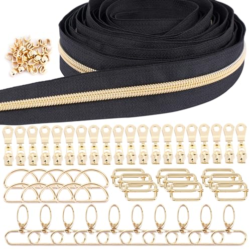 BOFUNX 5.5m Cremallera Continua Negra por Metros+20pcs Tiradores para Cremallera Metálica+40pcs Topes Repuestos+30pcs Hebillas Metálicas para Coser Costura DIY Mochila Bolso Ropa