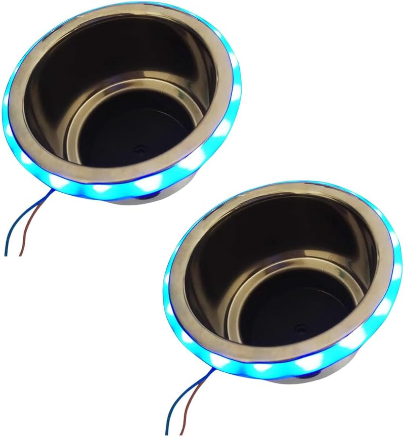 MARINE CITY Blue LED Light Cup Holder with Center Drain, Stainless Steel, Durable, Corrosion-Resistant, Easy Installation for Boats, Poker Tables, Yachts, Ships (Pack of 1)