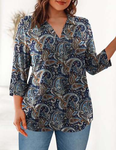 REDHOTYPE Womens Plus size Tops 3/4 Sleeve Shirts Collared V Neck Blouses Casual Work Tunic Tops3