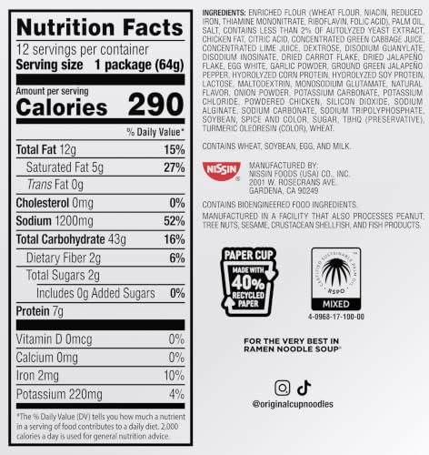 Image of Nissin Cup Noodles, Spicy Jalapeno Chicken (Pack of 12) | Ramen Noodle Soup