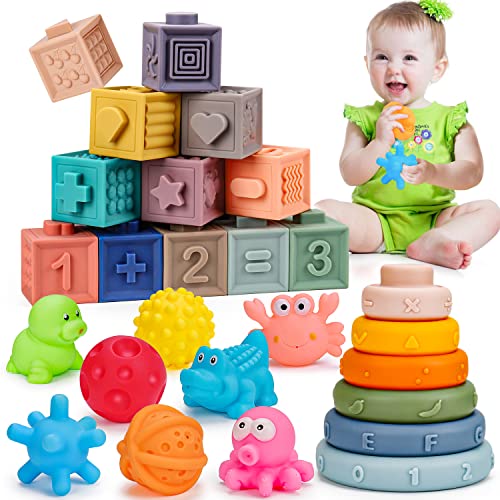 Image of 3 IN 1 Soft Baby Sensory Toys 6-12 month Montessori Toy 1 2 Year Old Infant Teething Toy Stacking Block Ring Balls Easter Basket Baby Gift Bath Toy Developmental Learning Toy for Toddler 12-18 Months