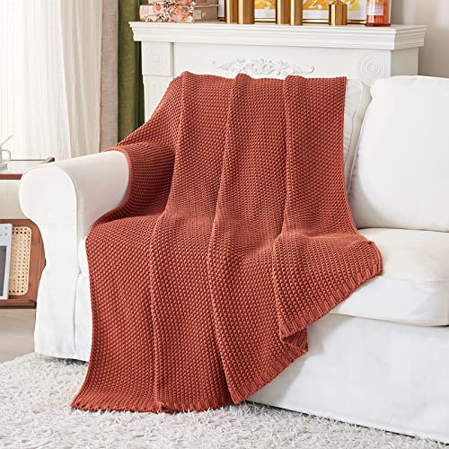 Longhui bedding Chunky Cable Knit Throw Blanket Lightweight Rust 100% Organic Cotton Blanket for Sofa Couch Bed Baby Nursery, Rustic Shabby Chic Modern Farmhouse, 51” x 63” Give Laundering Bag