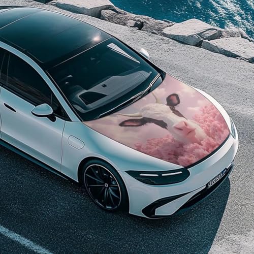 Image of Pink Flower Cow Print Car Hood Cover, Stretch Fabric Car Hood Protector Washable Universal Auto Exterior Accessorie for Sedans SUV Pickup Trucks Van