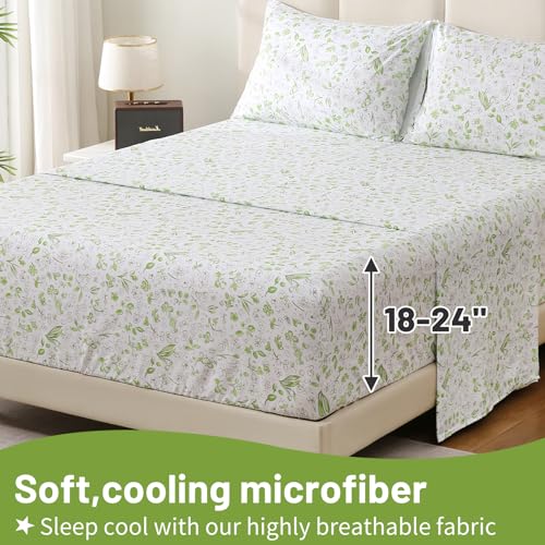 Image of Bedlifes Floral Pattern Bed Sheet Set Queen Size, 16 inch Deep Pocket 4PCS | Ultra Soft Microfiber, Breathable & Silky, OEKO-TEX Certified, Easy-Care Machine Washable, 4PCS, All-Season Spring Bedding