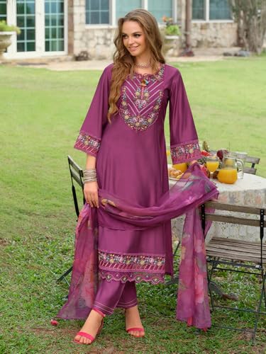 Image of INDO ERA Women's A-Line Cotton Blend Floral Embroidered Kurta & Pant With Dupatta Set (IEOUT11375)