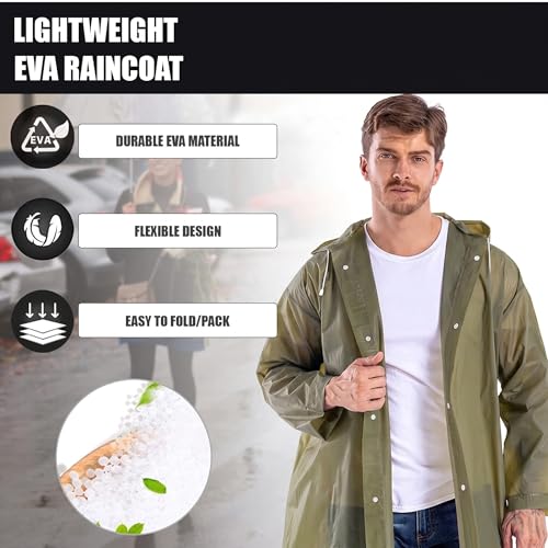 Image of Motopack EVA Waterproof Raincoat for Men & Women with Hood | Unisex Reusable Transparent Universal Rain Wear Lightweight Full Sleeve Poncho with Button Closure for Travel Camping & Hiking(Olive Green)