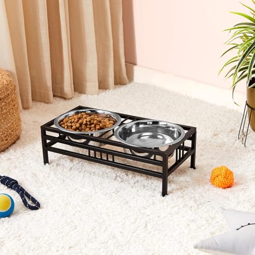 Image of amazon basics, Pet Feeder | Stainless Steel Food & Water Bowls with Stand | Dog Bowls | Elevated Double Diner with Stand | Large Size (1600 ml x 2 Bowl) (Black)