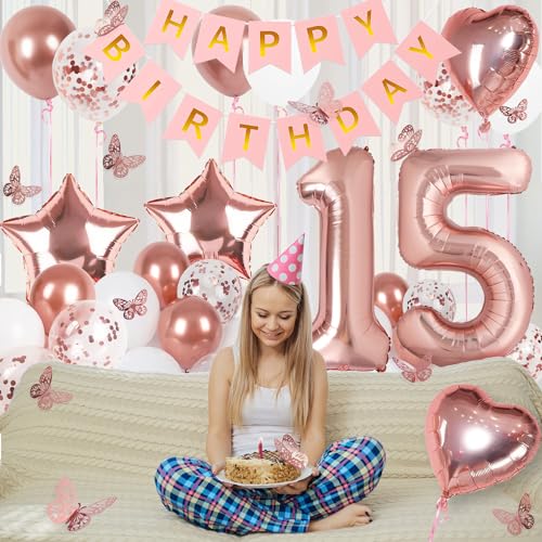 Image of Rose Gold 15th Birthday Decorations for Girl, 15 Year Old Sign with Happy Birthday Banner, 40In Number 15 Foil Birthday Balloons, Butterfly Decorations, Heart and Star Balloons