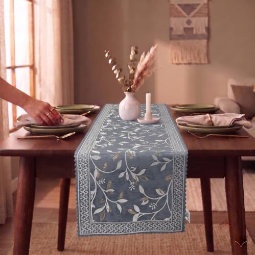 Image of Premium Embroidered Dining Table Runner 6 Seater | Washable Heat Resistant Fabric | Cotton-Silk Blend | Fits 4 & 8 Seater Dining Table | Centre Table Decor | 13 x 72 Inch | Blue-Grey
