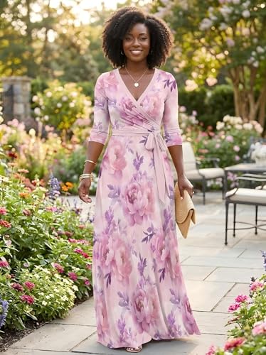 Image of PinkPatty Plus Size Maxi Dress for Women 3 /4 Sleeve Casual Long Dress | Soft stretchy fabric, functional pockets, flattering wrap v neck for vacation, casual wear and everyday styling