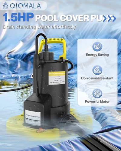 Qiomala PBB-YE Automatic Pool Cover Pump - 1.5Hp 4500Gph Pool Cover Pump Above Ground With Check Valve, 3 Adapters And 29.5Ft Extra Long Power Cord, Sump Pump Water Removal thumb #1